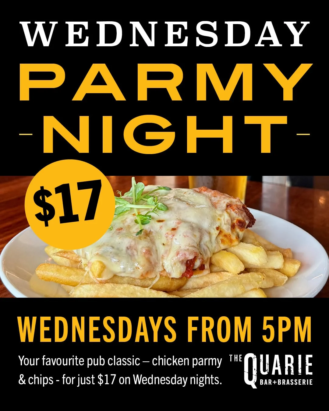 $17 PARMY NIGHT at The Quarie Bar & Brasserie