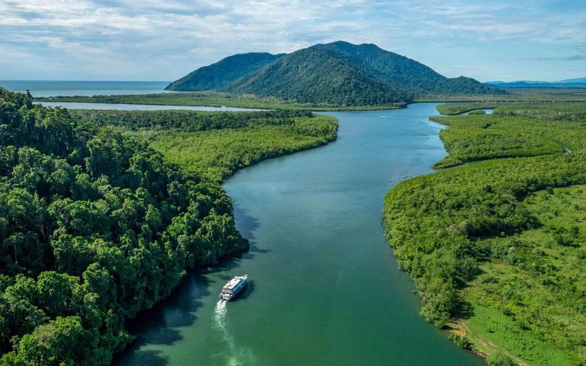 Boat on the water. Rainforest.