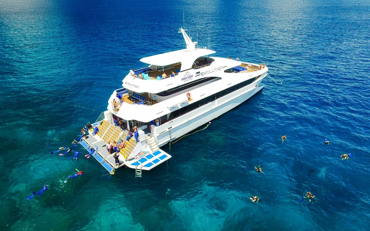 Snorkelling in the water. Boat on the water.